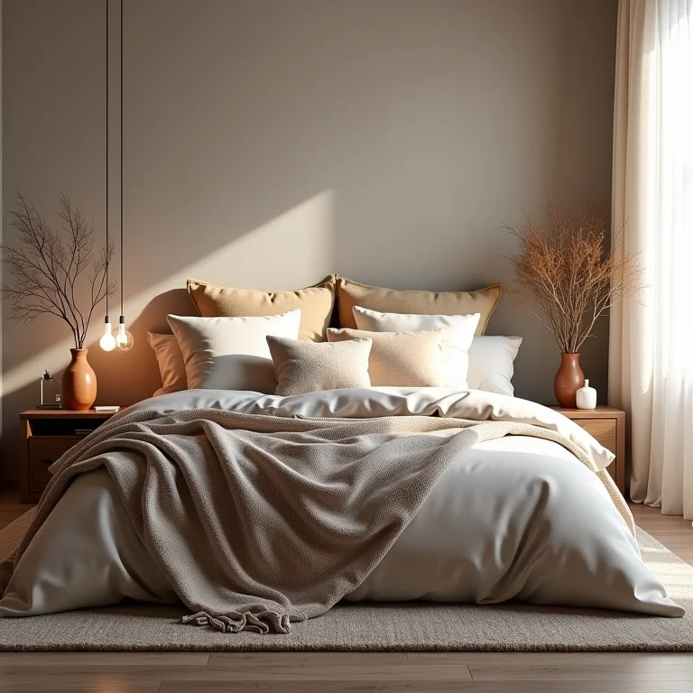 Cama aconchegante com texturas e camadas para aquecer.