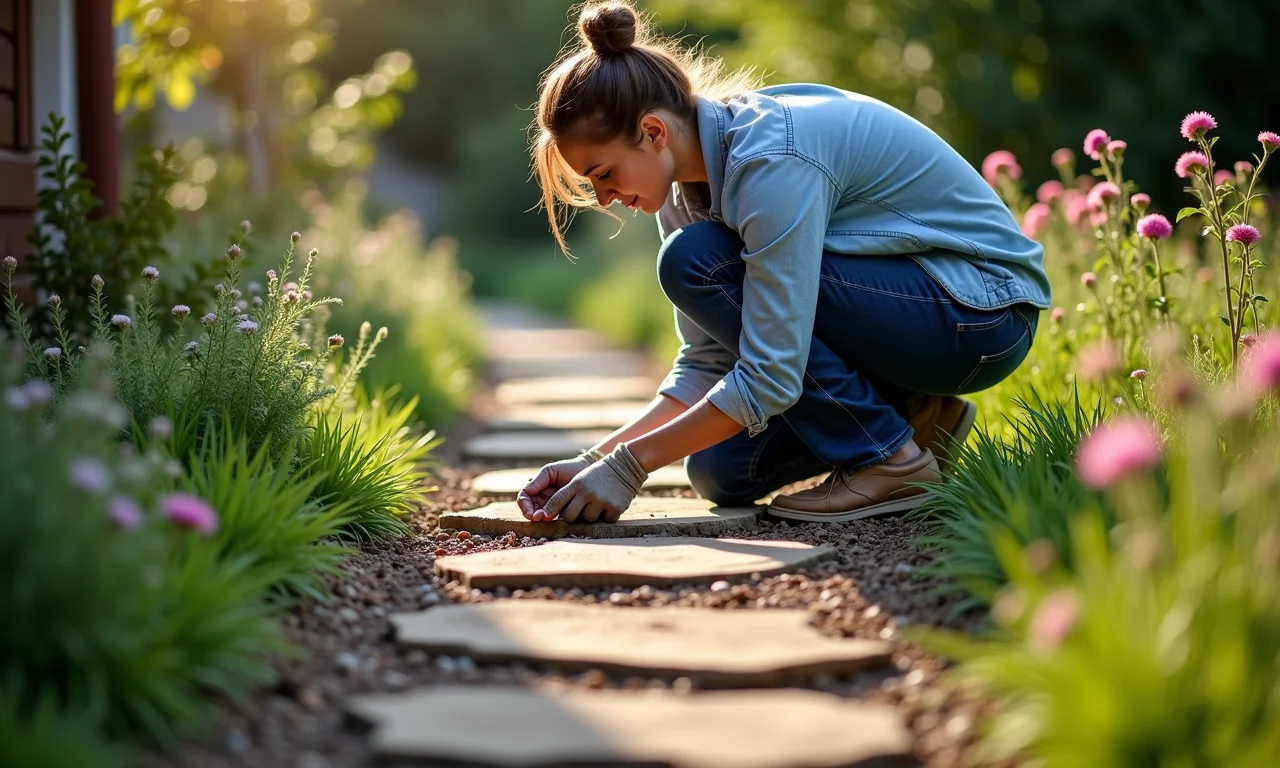 Caminho de jardim feito com materiais reciclados, criação DIY.