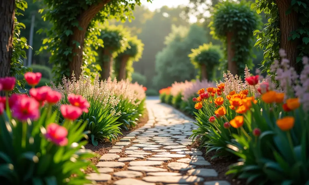 Caminho de jardim florido e convidativo, com luz natural.