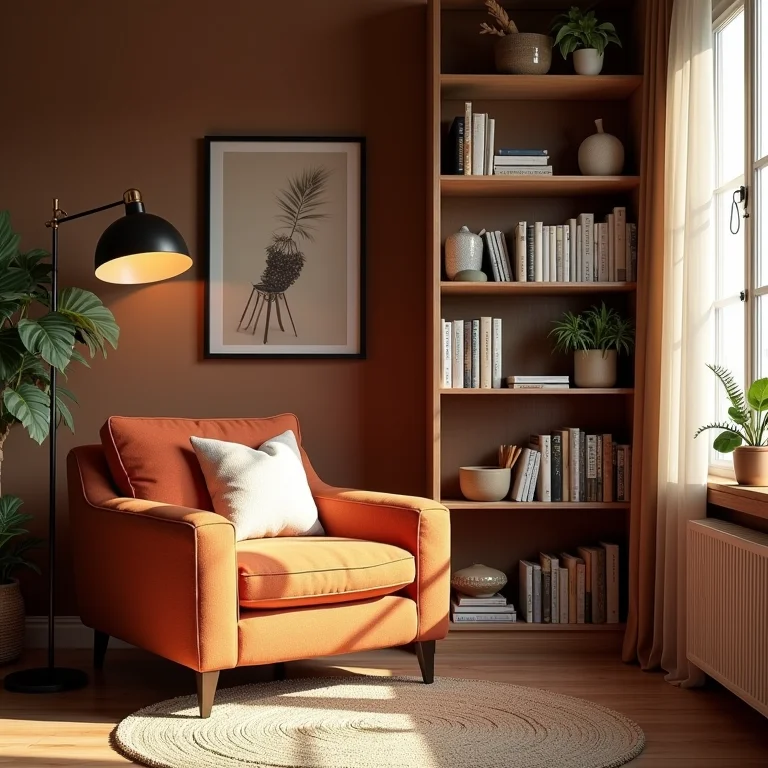 Cantinho de leitura boho com iluminação estratégica