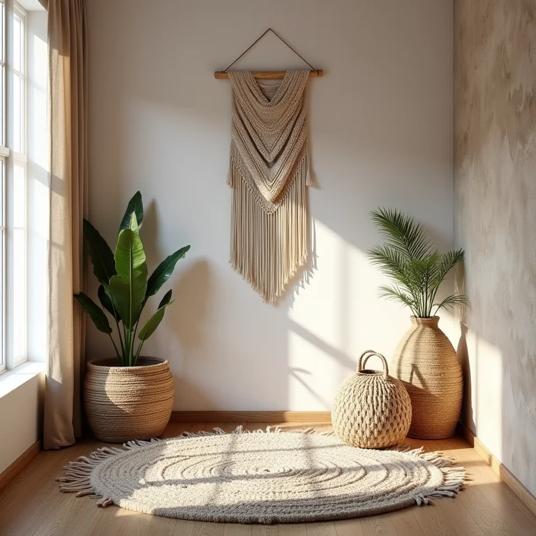 Canto boho texturizado com tapetes e cestos