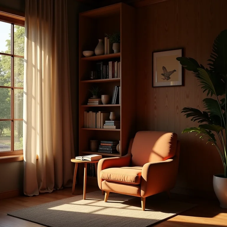 Canto de leitura aconchegante com iluminação indireta suave.