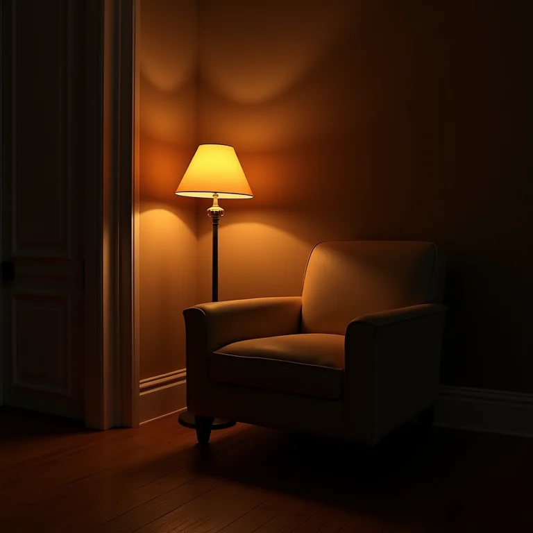 Canto de sala de estar aconchegante com iluminação suave.