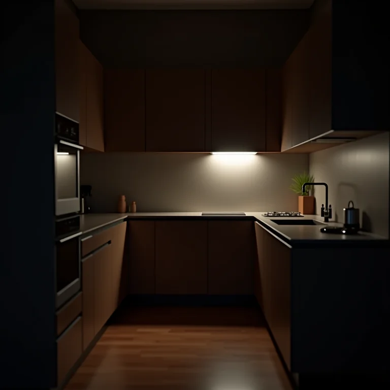 Canto escuro de cozinha com iluminação inadequada.