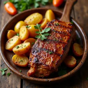 Carne de porco com batatas assadas em travessa rústica, refeição completa e apetitosa.