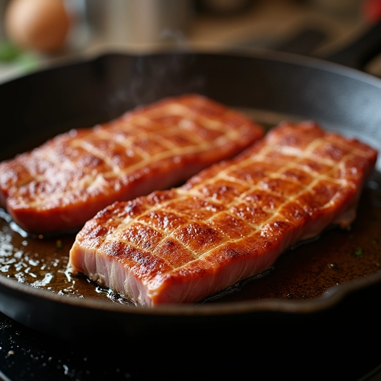 Carne de porco sendo selada em frigideira de ferro quente, criando crosta dourada.