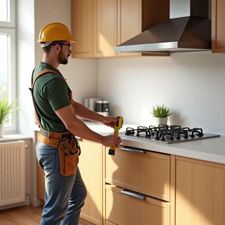 Carpinteiro medindo um armário de cozinha para móveis planejados.