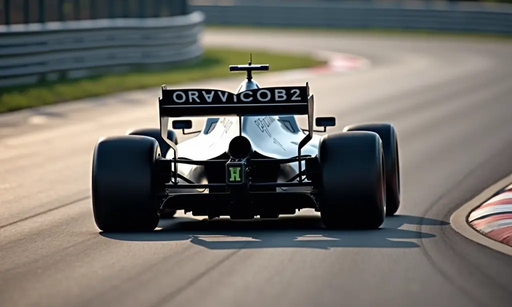 Carro de Fórmula 1 fazendo curva em alta velocidade, demonstrando a força descendente.