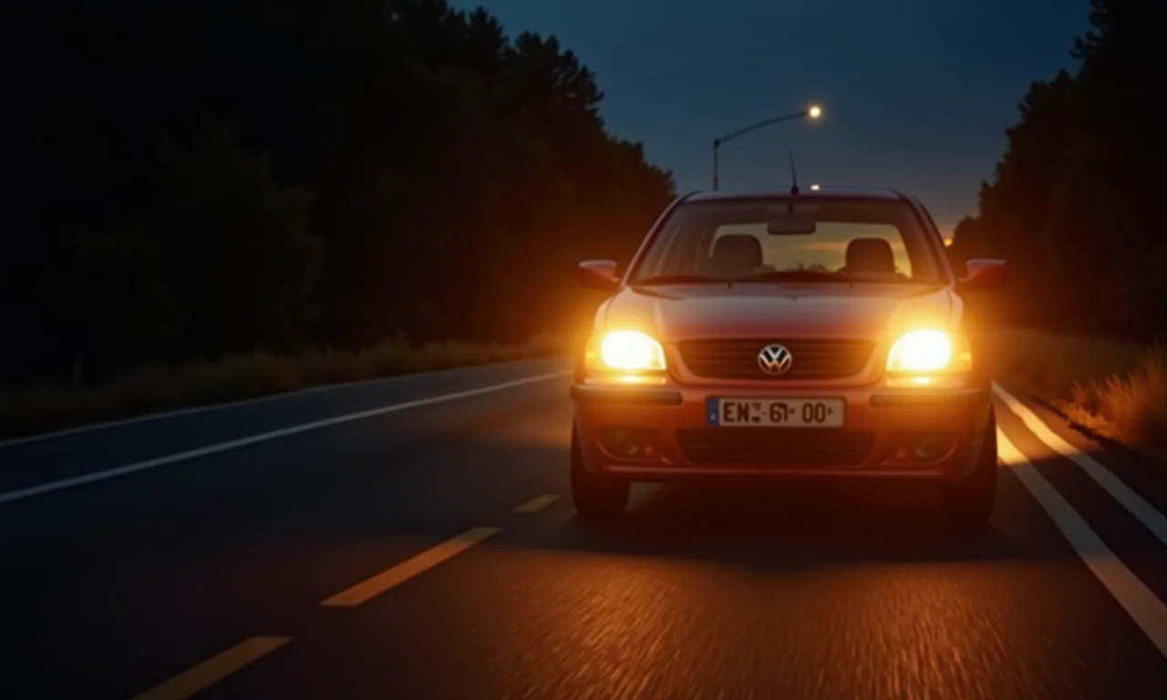 Carro quebrado na estrada à noite com farol alto pedindo ajuda.
