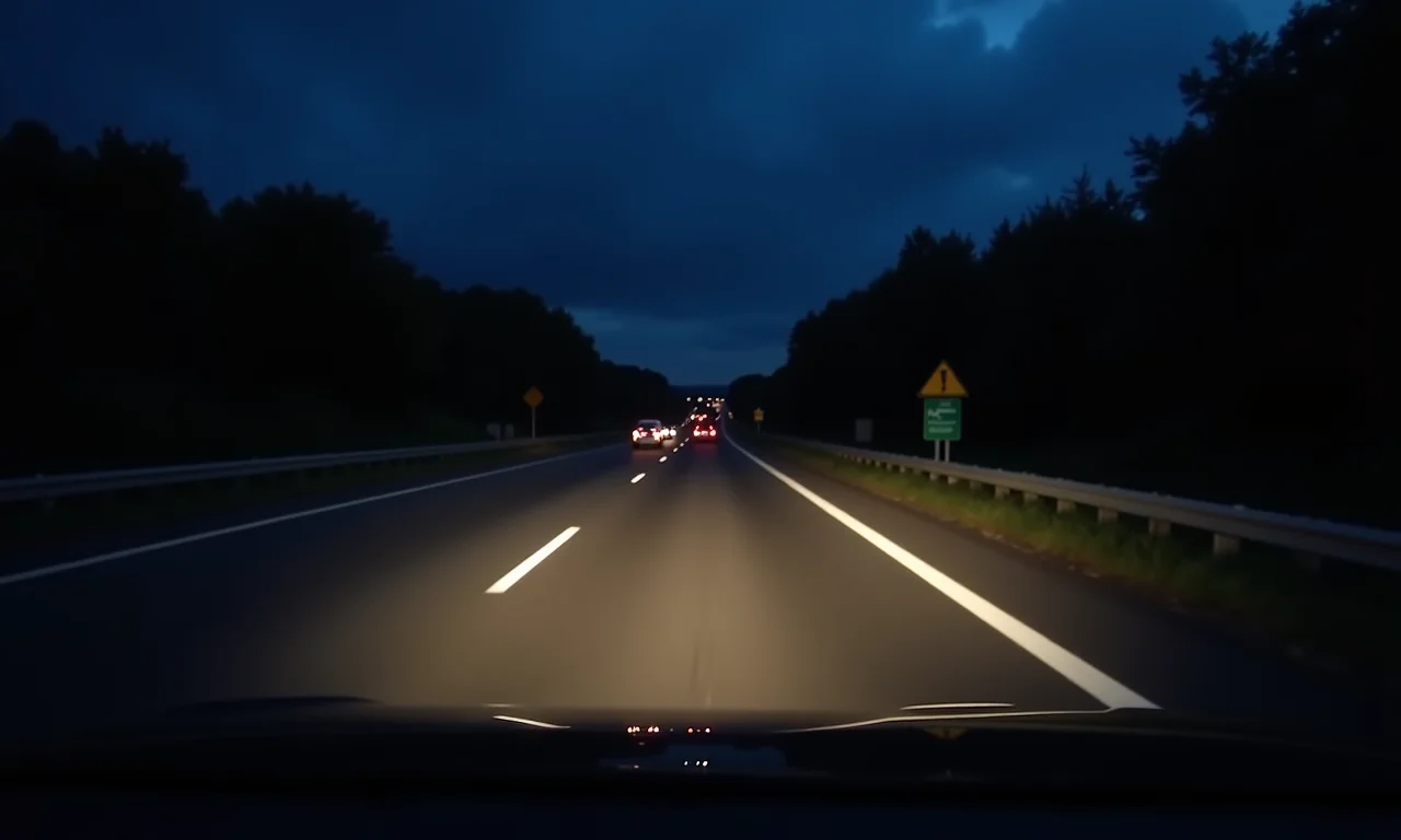 Carro sinalizando ultrapassagem em rodovia noturna com farol alto.