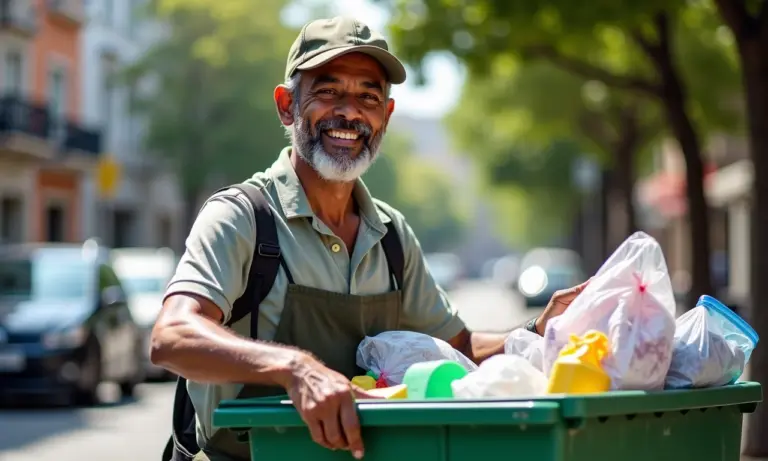 Carroceiro sorrindo enquanto organiza materiais recicláveis em sua carroça.