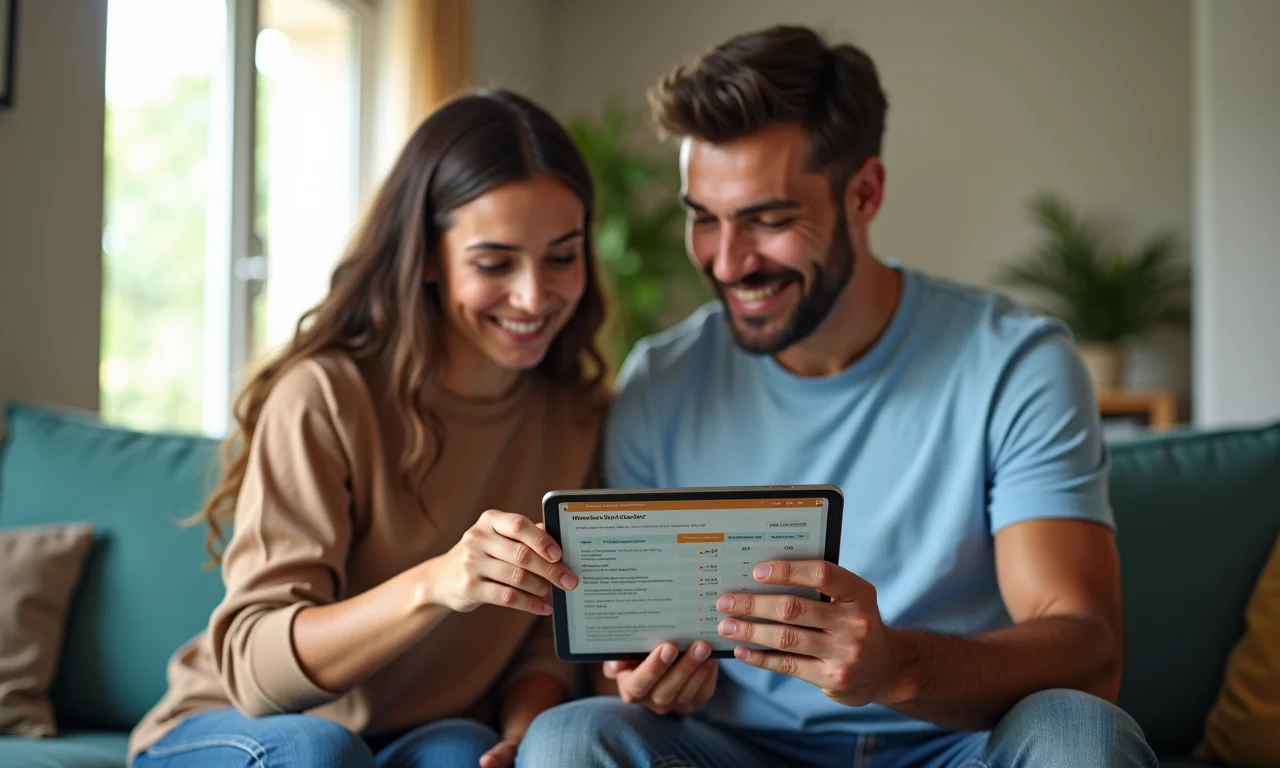 Casal discutindo opções de seguro e custos em uma casa bem iluminada, comparando preços em um tablet.