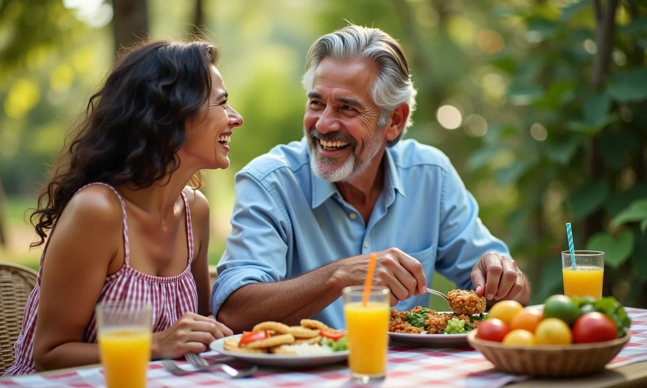 Casal maduro brasileiro desfrutando de um almoço low carb ao ar livre em um piquenique.