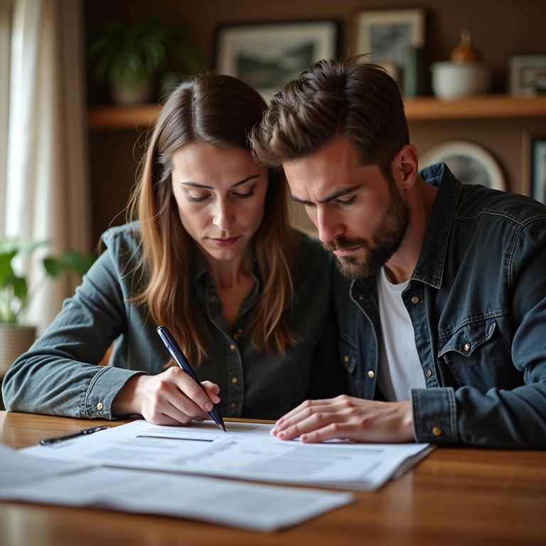 Casal preocupado revisando documentos financeiros, representando erros ao tentar viver de renda.