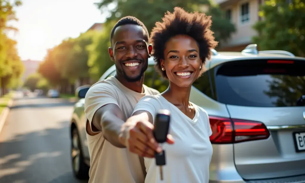Casal sorrindo com as chaves do carro, representando a liberdade da assinatura de veículos.