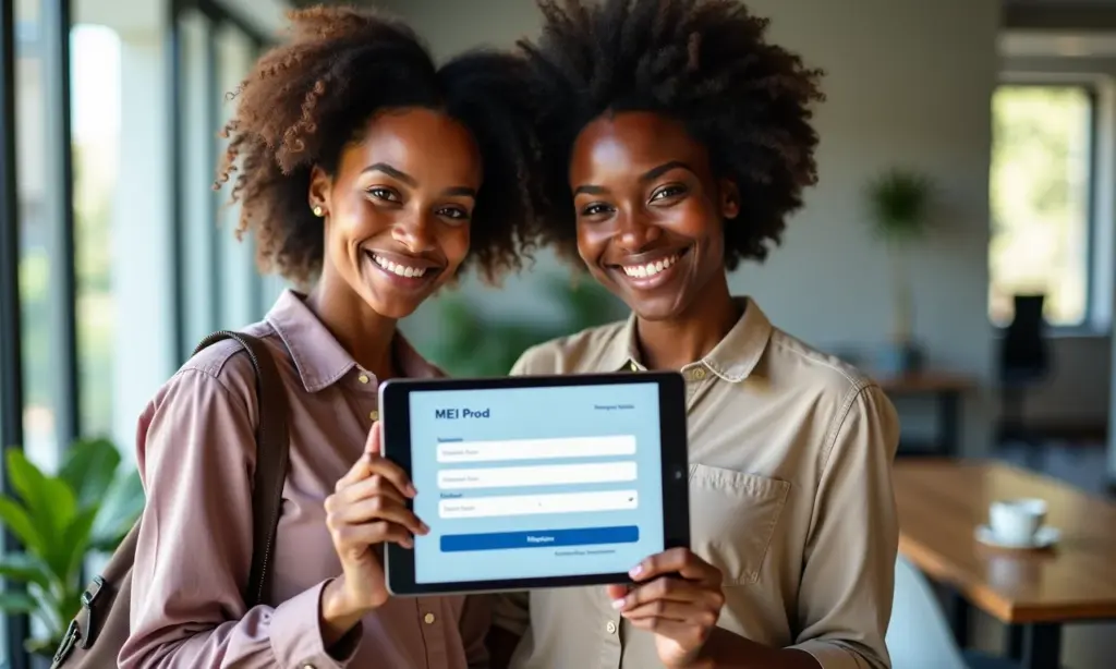 Casal sorrindo com tablet mostrando formulário MEI, representando a alteração de nome.