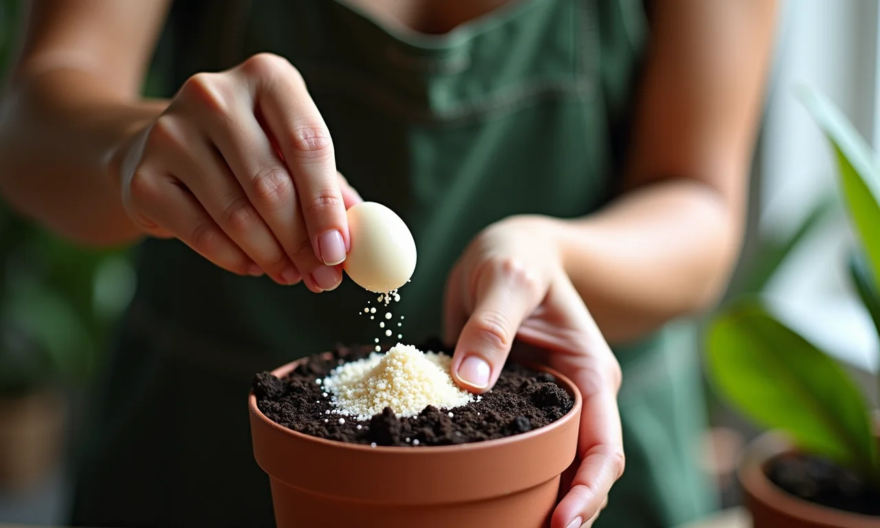 Cascas de ovo trituradas sendo adicionadas ao solo de orquídeas em um vaso.