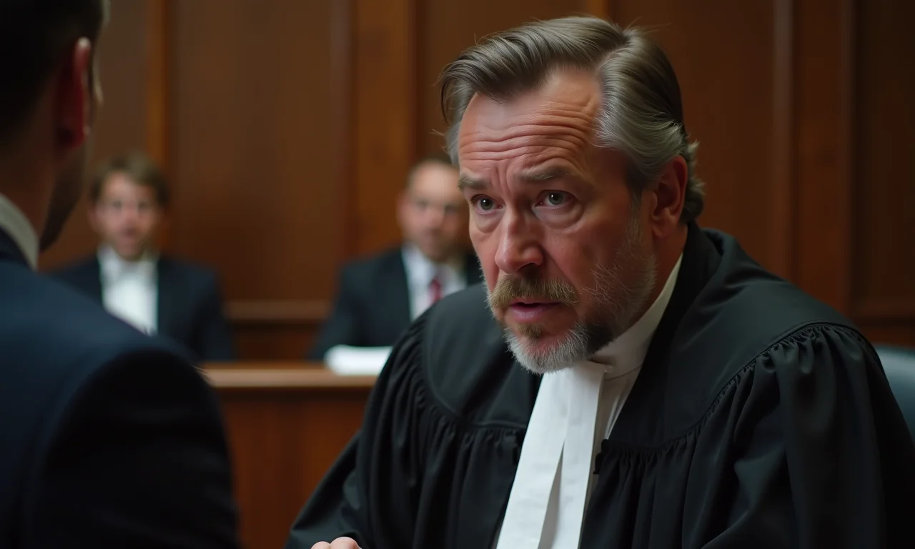 Cena de tribunal com advogado defendendo cliente acusado de plágio.