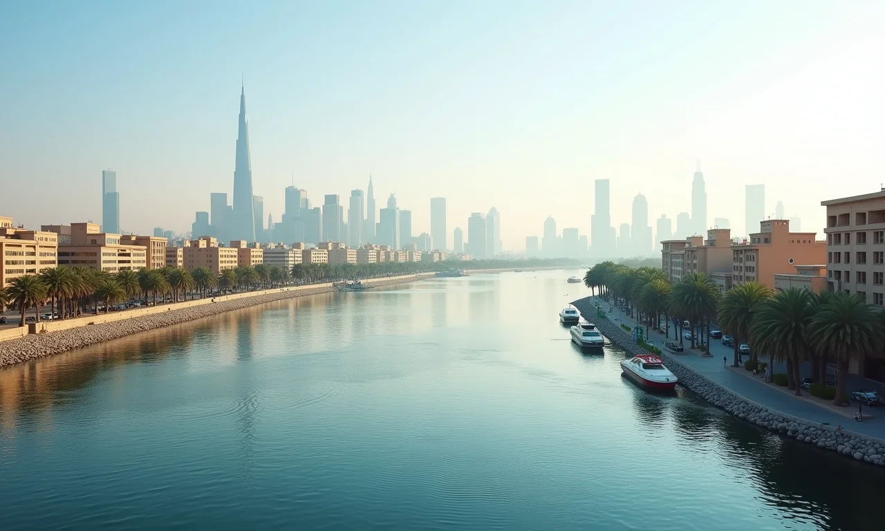 Cena moderna do rio Nilo com uma cidade movimentada ao fundo.