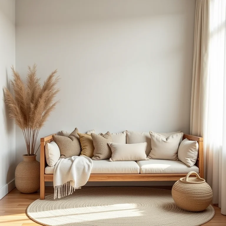 Cesta de vime, móvel de madeira e tecido texturizado em quarto boho-minimalista.