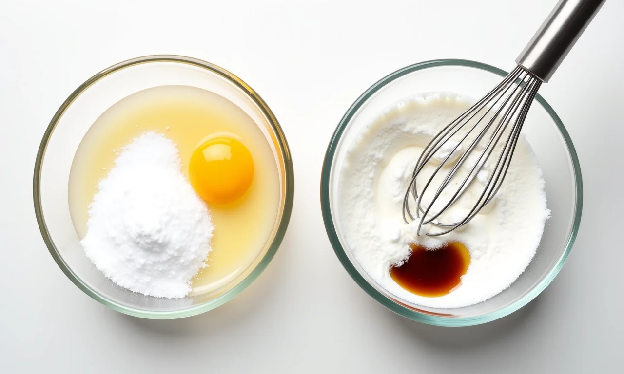 Claras de ovo batidas em neve com açúcar para o merengue perfeito.