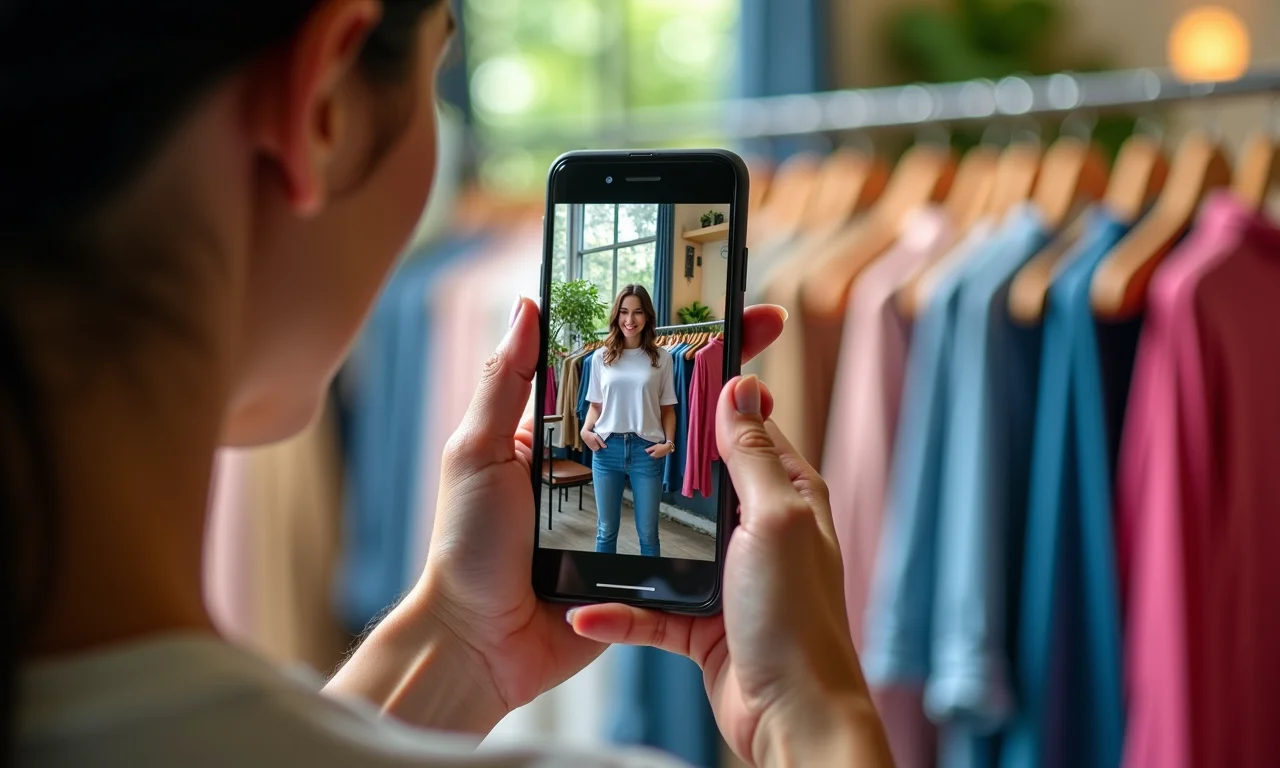 Cliente experimenta roupas virtualmente com app RA em boutique brasileira.
