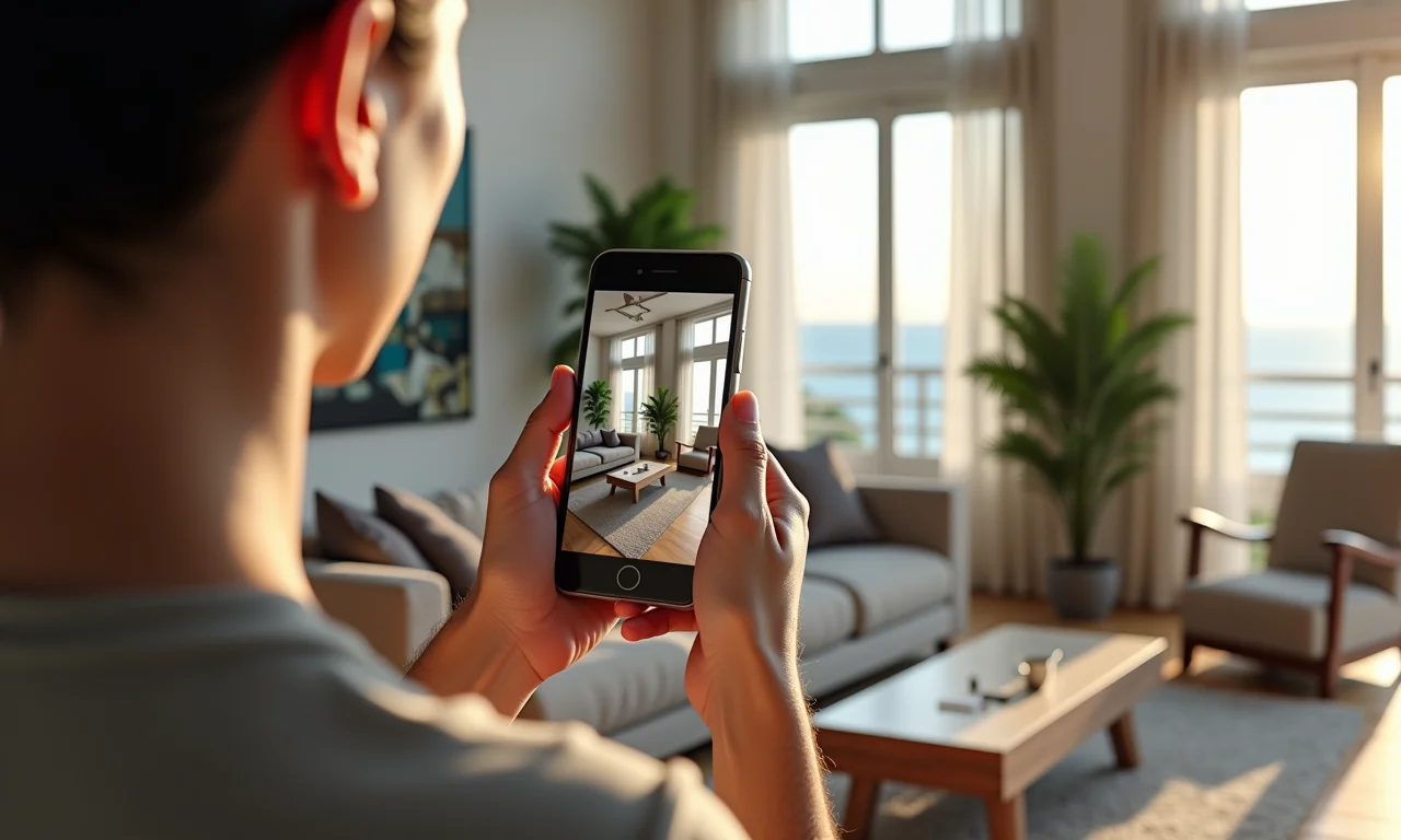 Cliente usa app RA para visualizar móveis na sala de estar de sua casa.