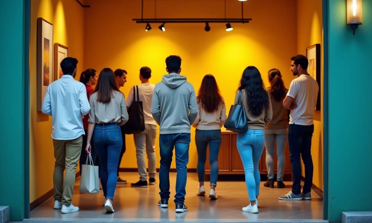 Clientes diversos entrando em uma loja brasileira charmosa e colorida.