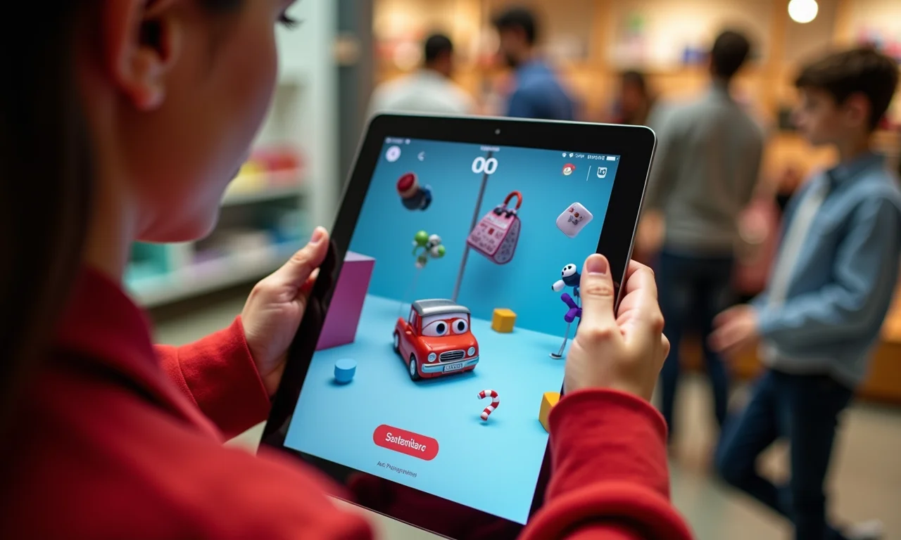Clientes interagem com jogo RA em tablet, explorando produtos virtualmente.