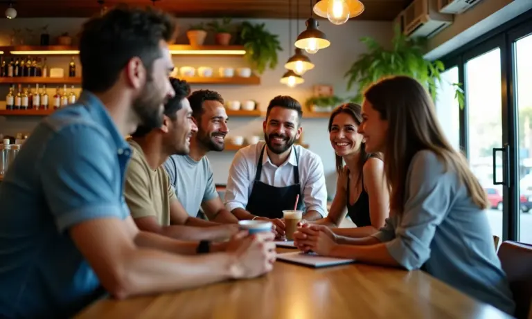 Clientes satisfeitos interagindo com o proprietário em uma cafeteria vibrante.