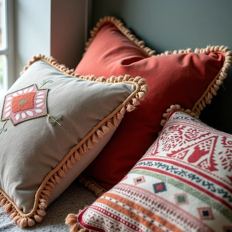 Close-up de almofadas boho com estampas e texturas variadas