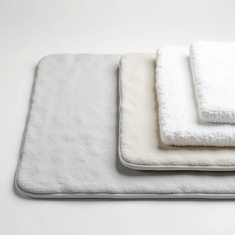 Close-up de diferentes texturas de tapetes de banheiro.