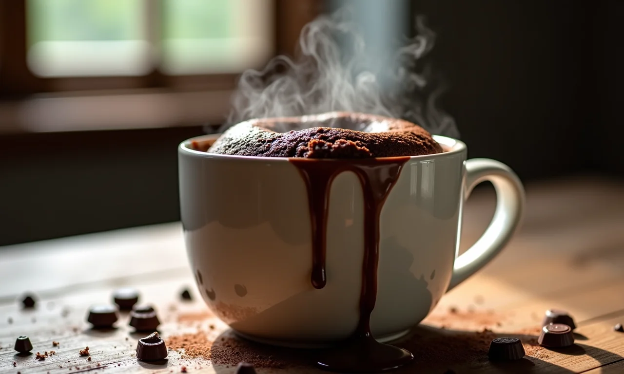 Close-up de um mug cake de chocolate transbordando, fumegante e delicioso.