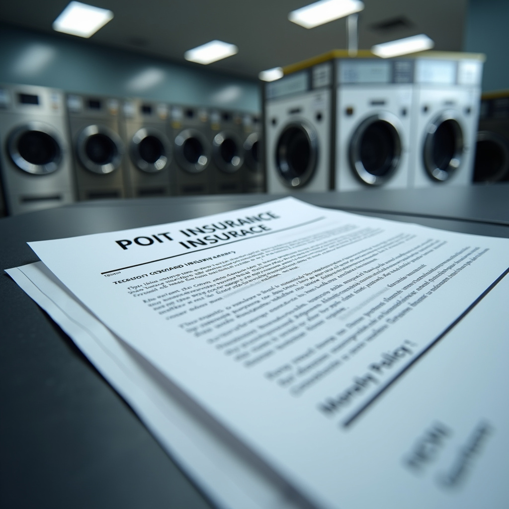 Close-up of laundromat insurance policy document, secure environment, professional service, Verifique se a lavanderia possui seguro para as roupas.