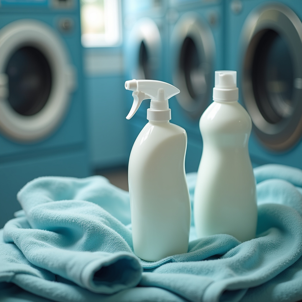 Close-up of laundry detergent bottles in a laundromat, eco-friendly products, clean clothes, Produtos de lavagem utilizados na lavanderia.