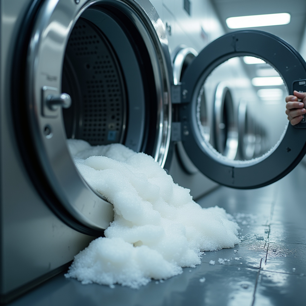 Close-up washing machine running, soap suds, clean clothes, laundromat interior, commercial Máquina de lavar em funcionamento em lavanderia.