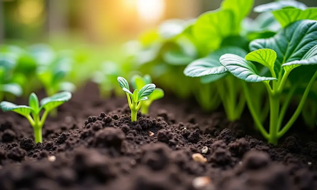 Cobertura morta protegendo plantas em um jardim orgânico vibrante.