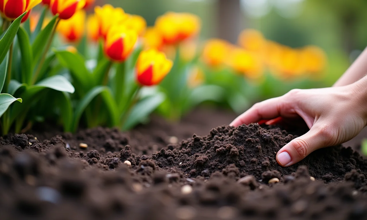 Cobertura morta regulando a temperatura do solo em canteiro florido.