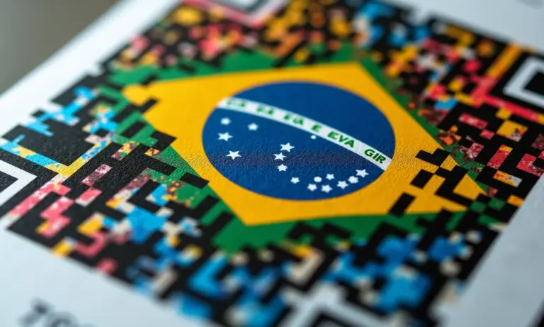 Código QR moderno sobreposto a um código de barras tradicional, com padrões brasileiros vibrantes.