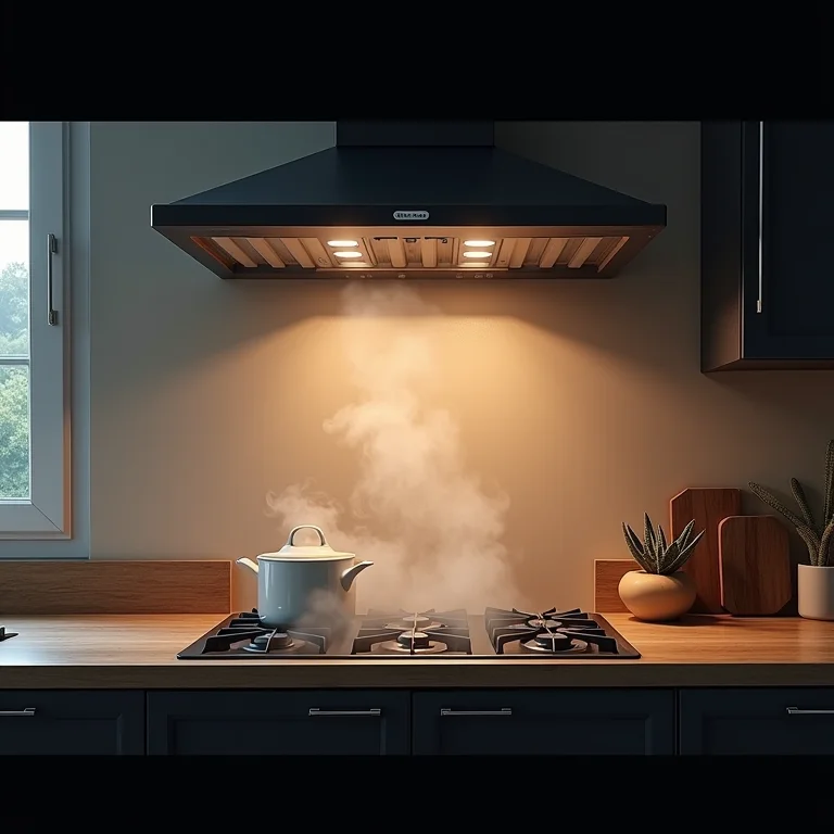 Coifa ineficiente em cozinha com gordura e fumaça visível.