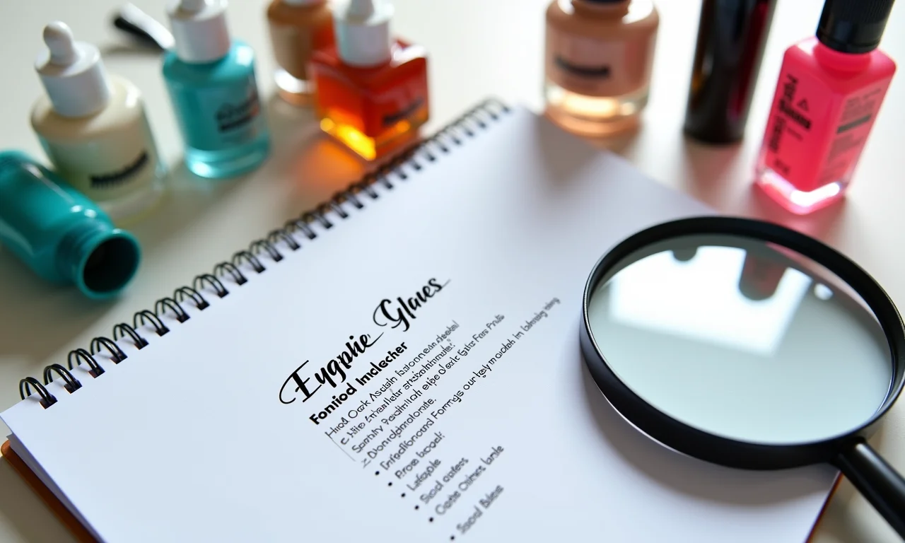 Colas de cílios com lupa destacando ingredientes e anotações.