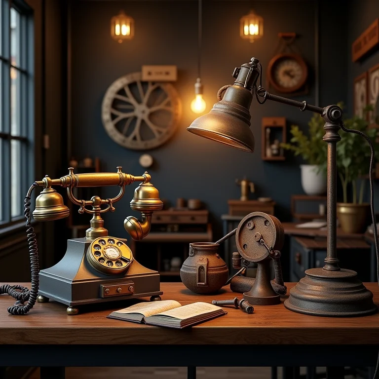 Coleção de objetos vintage em estilo industrial.