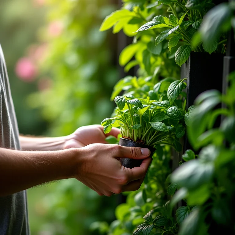 Colhendo ervas frescas da horta vertical.