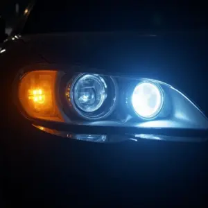 Comparativo de faróis: halógeno, xenônio e LED, mostrando a diferença de cores e intensidade da luz.