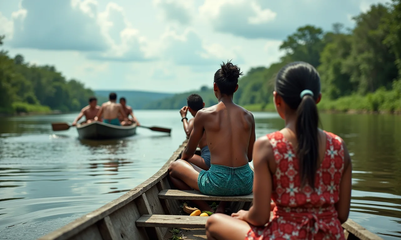 Comunidade indígena amazônica mostrando a importância do rio para sua subsistência.