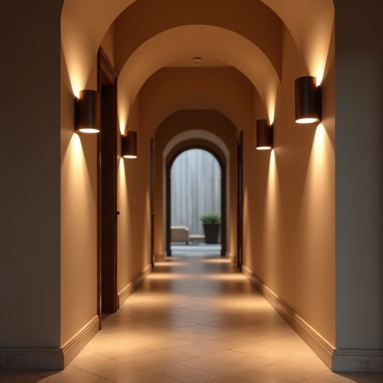Corredor com arandelas emitindo luz indireta suave.