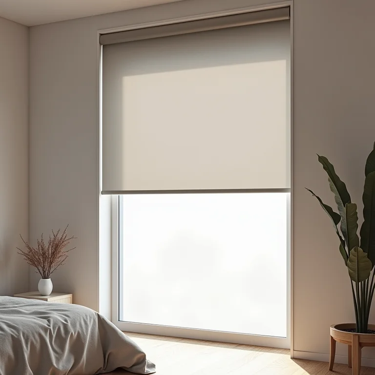 Cortina rolô blackout bloqueando a luz em um quarto.