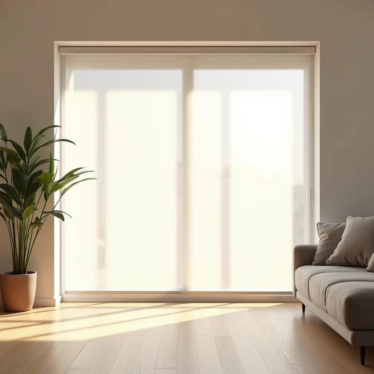 Cortina rolô screen filtrando a luz do sol na sala de estar.