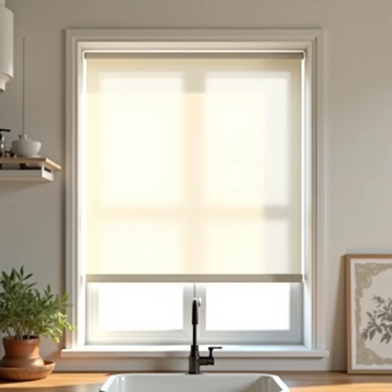 Cortina rolô translúcida iluminando suavemente uma cozinha.