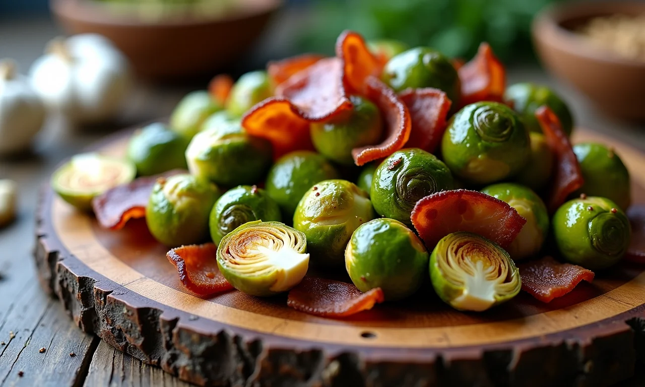 Couve de Bruxelas assada com bacon e alho.